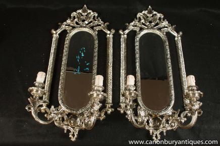 Pair French Silver Plate Mirror Girandoles Candelabra Mirror